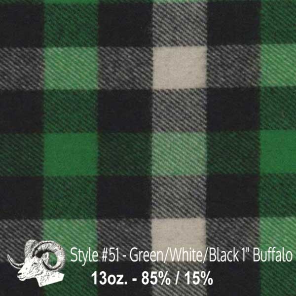 Johnson Woolen Mills Swatch, green/white/black 1 inch buffalo squares