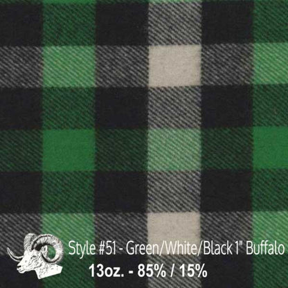 Johnson Woolen Mills swatch - green, white, black 1" Buffalo plaid 
