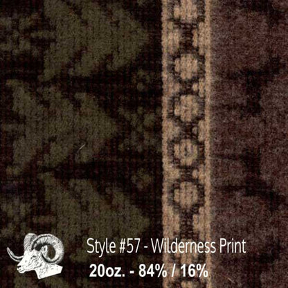 Johnson Woolen Mills Wool Swatch Wilderness Print, Olive/Beige/Tan Print with small stag image