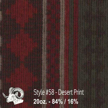 Johnson Woolen Mills Wool Swatch Desert Print, Rust/Olive/Beigh Print with small stag image
