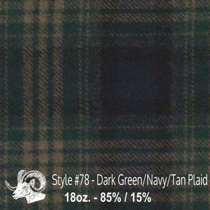 Johnson Woolen Mills swatch -- dark green, navy, tan plaid 