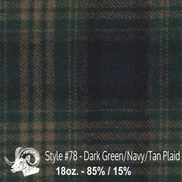 Wool fabric swatch dark green, navy and tan plaid