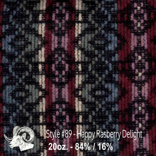 Johnson Woolen Mills swatch - raspberry, cream, blue print