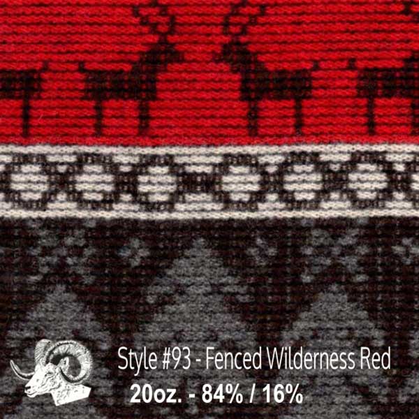 Wool fabric swatch red, cream and gray fenced wilderness scene