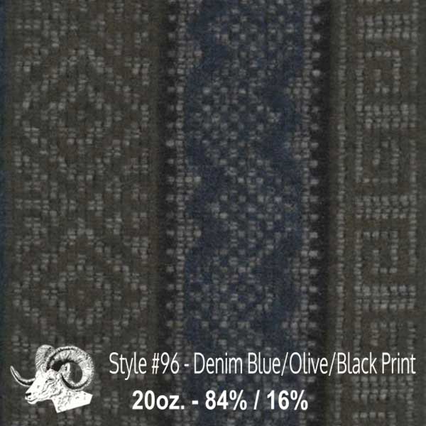 Wool fabric swatch denim blue, olive and black print