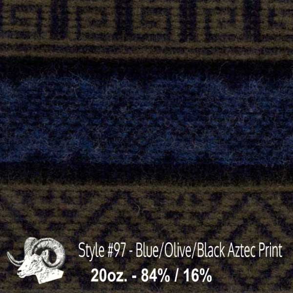 Wool fabric swatch blue, olive and black aztec print