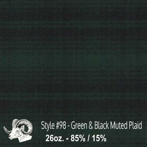 Johnson Woolen Mills Wool Swatch Green & Black Muted Plaid with small stag image