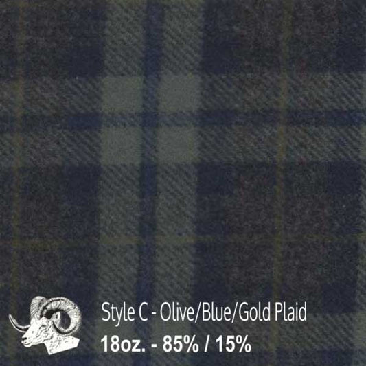 Wool fabric swatch olive, blue and gold plaid