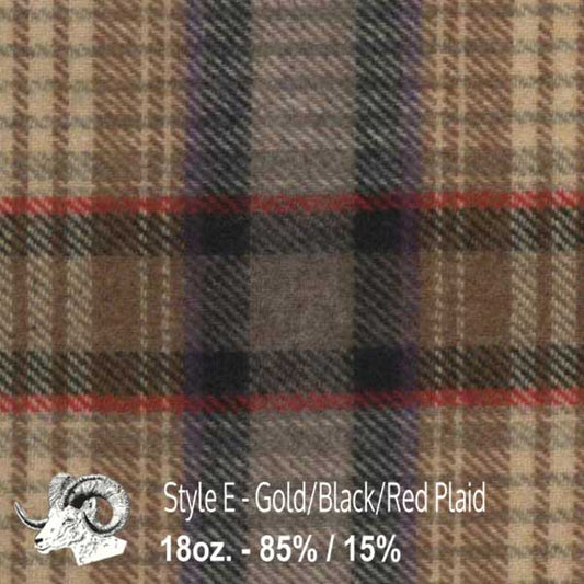 Johnson Woolen Mills swatch - gold, black, purple, red plaid 