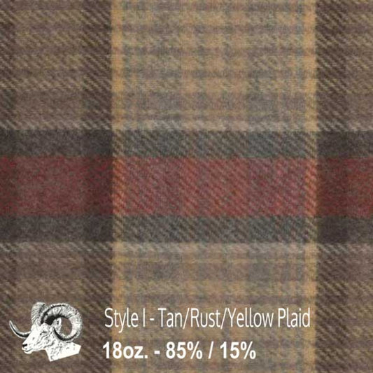 Wool fabric swatch tan, rust and yellow plaid