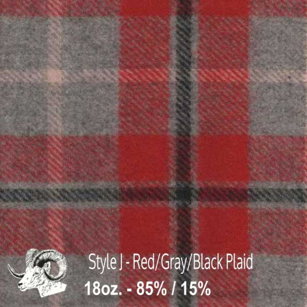 Wool fabric swatch, red, gray and black plaid