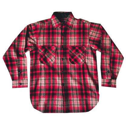 Long Tail Button Down long sleeve wool shirt, red/black/beige plaid with 6 button front, button cuffs and two front chest pockets.