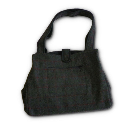 Johnson Woolen Mills Tote Bag with nylon lining and snap closure - grey with red and green windowpane plaid