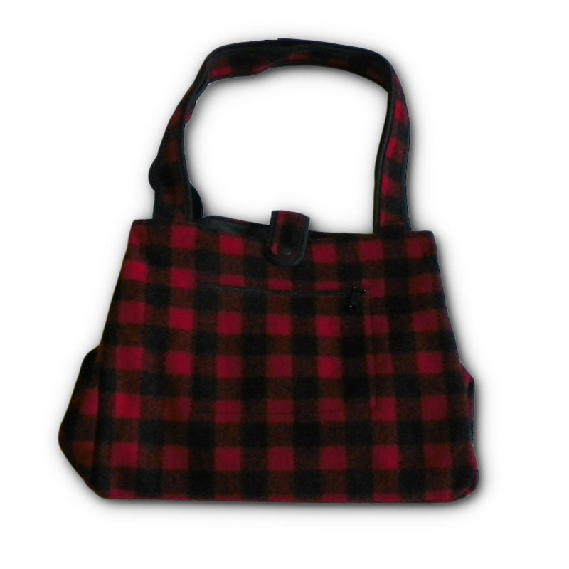 Large Tote Bag, with canvas lining inside pocket and outside zip pocket, red & black 1 inch buffalo squares with handle, front view