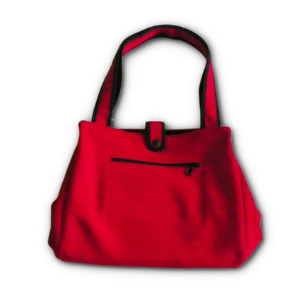 Large Tote Bag, with canvas lining inside pocket and outside zip pocket, bright scarlet with handle, front view