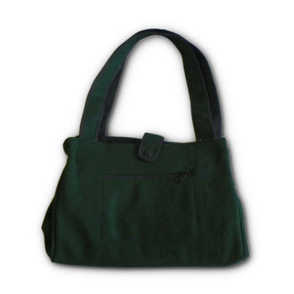 Large Tote Bag, with canvas lining inside pocket and outside zip pocket, spruce green with handle, front view