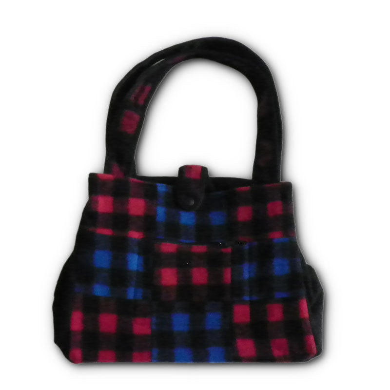 Johnson Woolen Mills Tote Bag with nylon lining and snap closure - red, blue, black Buffalo patch plaid