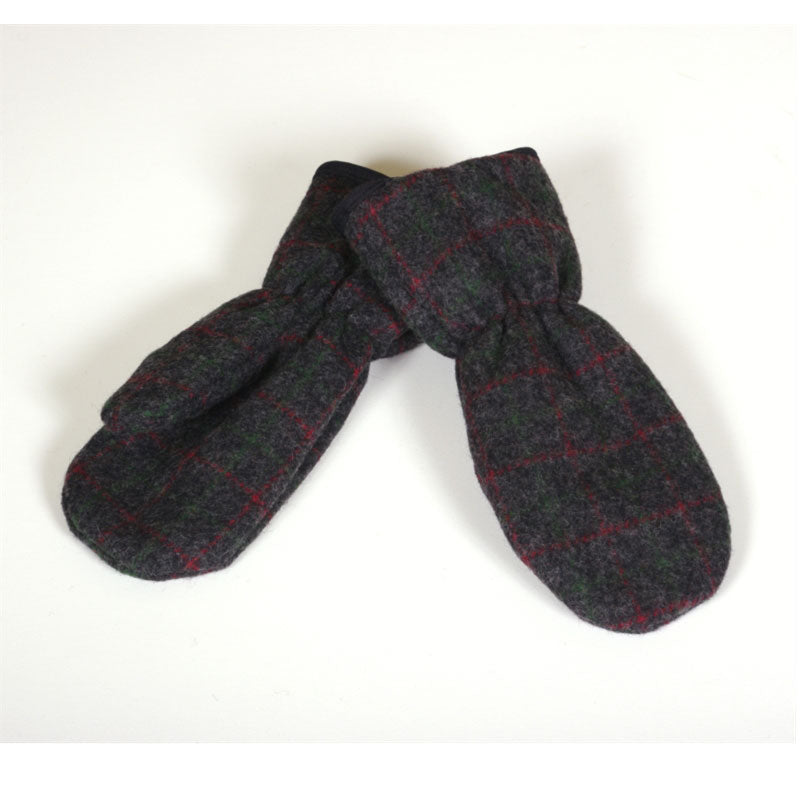 Mitten with tricot lining, Adirondack, grey with red & green pin stripes, front & back view