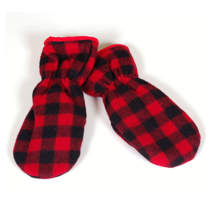 Mitten with tricot lining, red & black buffalo 1 inch squares, front & back view