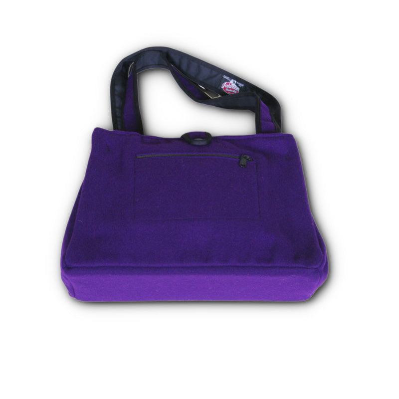 Medium Tote Bag, with canvas lining inside pocket and outside zip pocket, deep purple with handle, front view