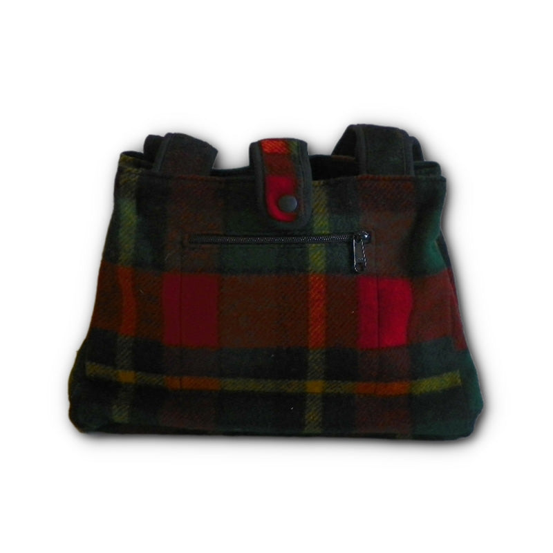 Johnson Woolen Mills Medium Tote Bag with nylon lining and snap closure - red, green, yellow plaid