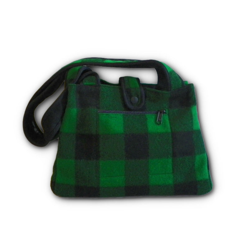 Medium Tote Bag, with canvas lining inside pocket and outside zip pocket, green & black 2 inch buffalo squares with handle, front view