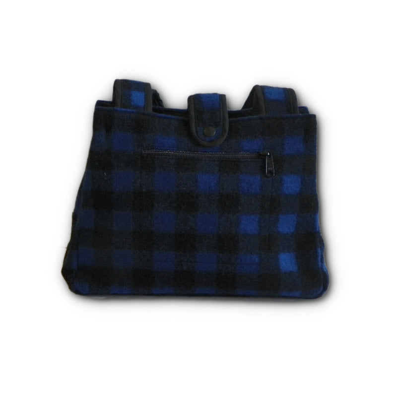 Medium Tote Bag, with canvas lining inside pocket and outside zip pocket, blue & black 1 inch buffalo squares with handle, front view
