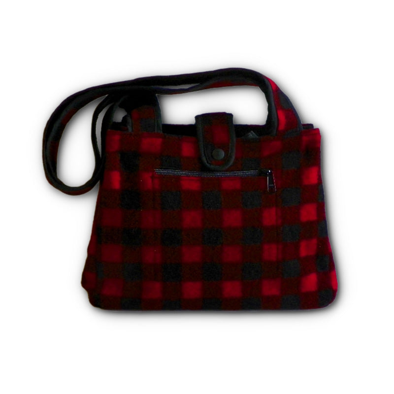 Johnson Woolen Mills Tote Bag with nylon lining and snap closure - red, black 1" Buffalo plaid