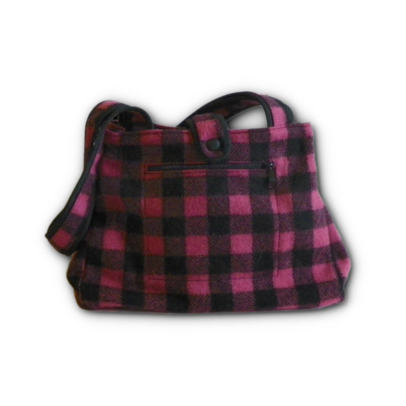 Johnson Woolen Mills Medium Tote Bag with nylon lining and snap closure - pink, black 1" Buffalo plaid