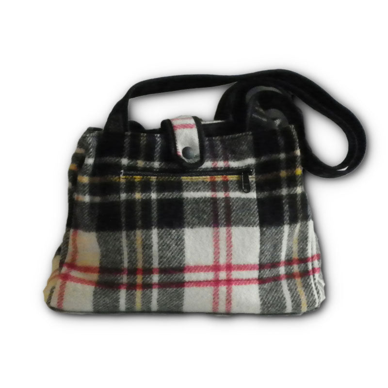 Johnson Woolen Mills Medium Tote Bag with nylon lining and snap closure - white, red, black, yellow plaid