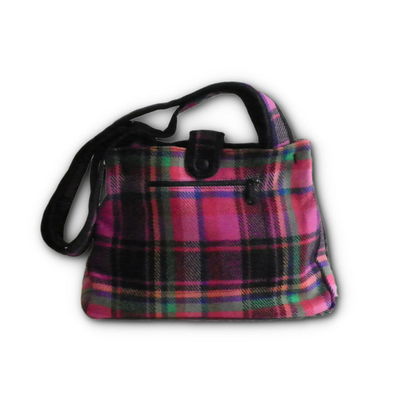 Johnson Woolen Mills Medium Tote Bag with nylon lining and snap closure - Pink, blue, green, orange plaid