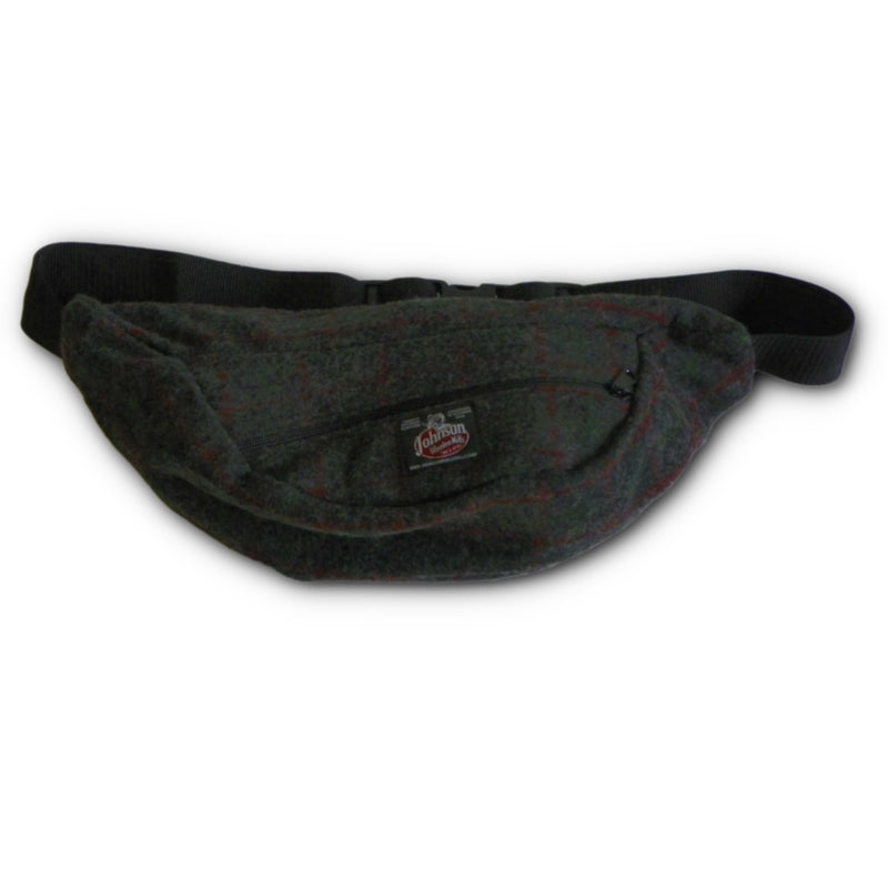 Wool fanny pack with zipper closure and nylon waistband with buckle, shown in Adirondack plaid - gray with red and green pin stripes
