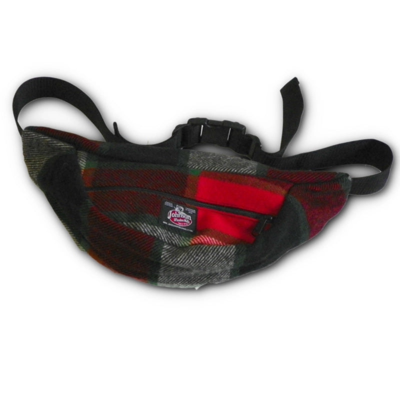 Wool fanny pack with zipper closure and nylon waistband with buckle, shown in red, green black plaid