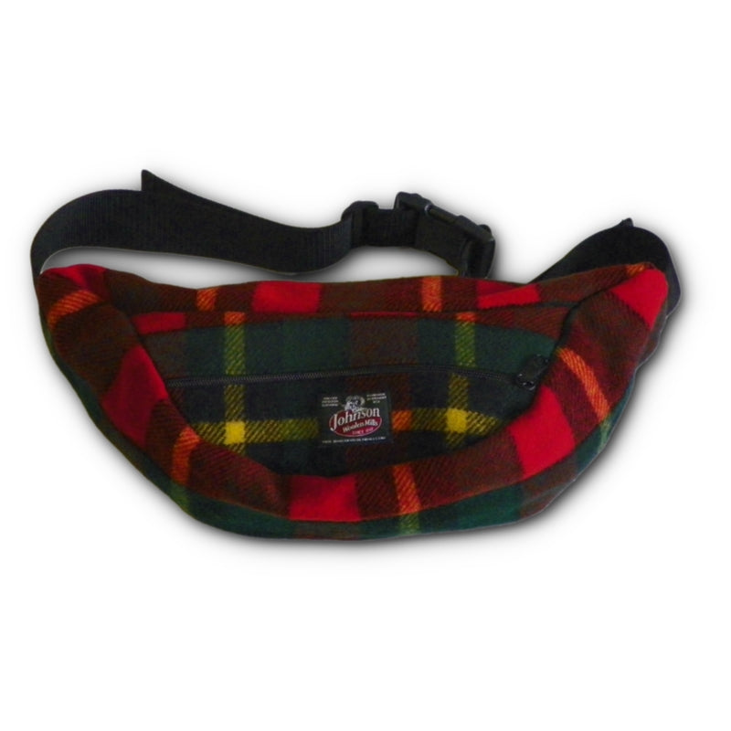 Wool fanny pack with zipper closure and nylon waistband with buckle, shown in red, green, black and yellow plaid