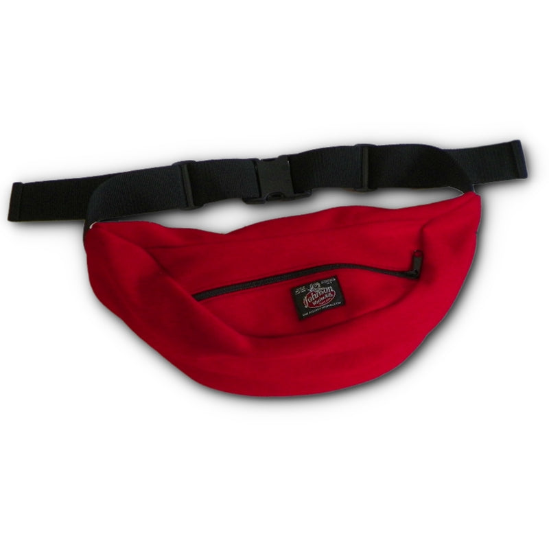 Wool fanny pack with zipper closure and nylon waistband with buckle, shown in scarlett red