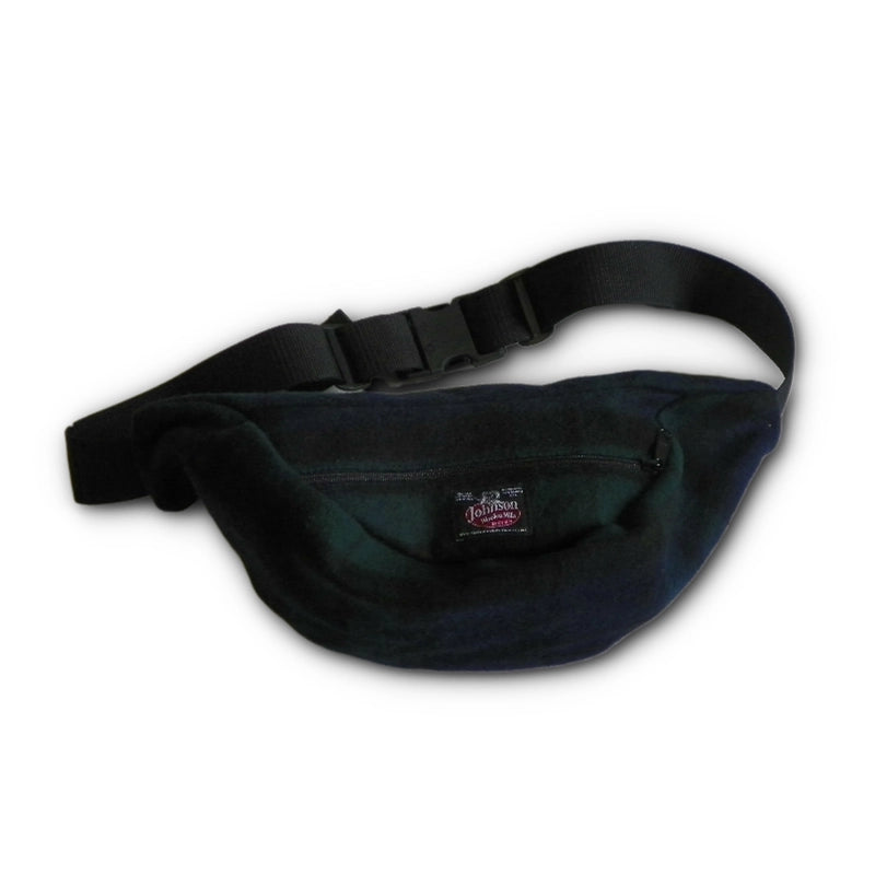 Wool fanny pack with zipper closure and nylon waistband with buckle, shown in navy, green and black plaid