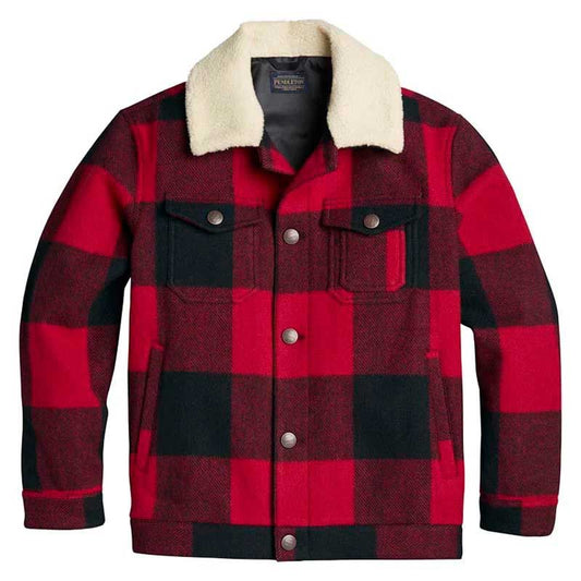 Wool Stadium Cloth Plaid Trucker Coat, Red & Black Buffalo Check, Faux-shearling collar, logo button front closure, button flap front pockets and side pockets at the waist