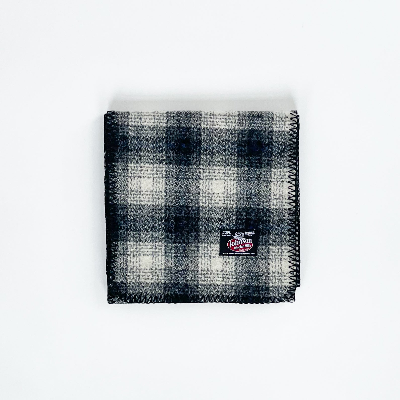 Wool scarf, ivory and gray plaid with blue stripe 