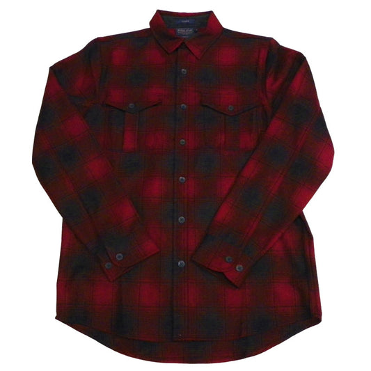 Pendleton red and black plaid button down shirt with button down flap pockets and long sleeves