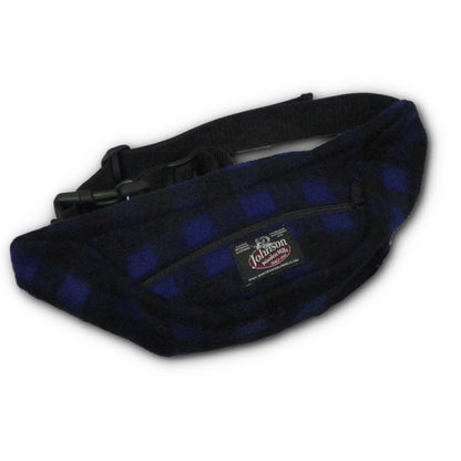 Wool fanny pack with zipper closure and nylon waistband with buckle, shown in blue and black buffalo plaid