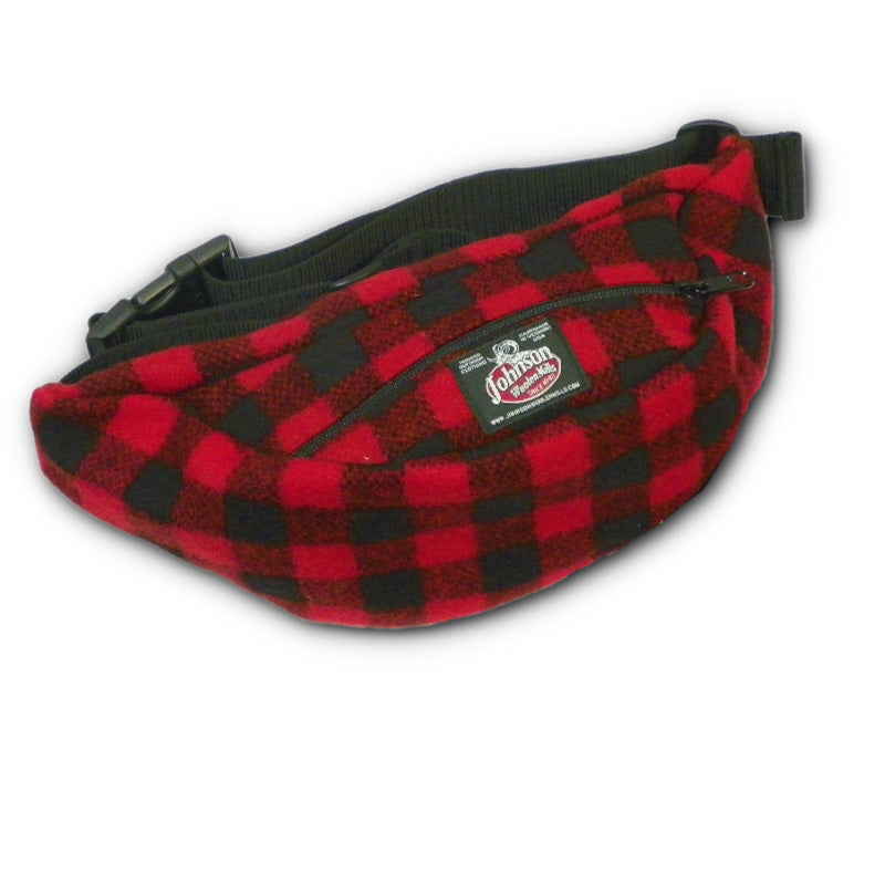 Wool fanny pack with zipper closure and nylon waistband with buckle, shown in red and black buffalo plaid plaid