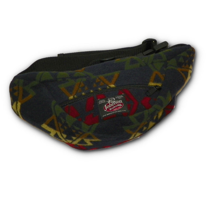 Wool fanny pack with zipper closure and nylon waistband with buckle, shown in blue with green, red and yellow geometric print