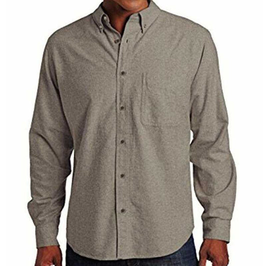 Sportsman light chamois button down shirt with button-down collar, adjustable button cuffs, and front patch pocket.  Shown in dark taupe on model.