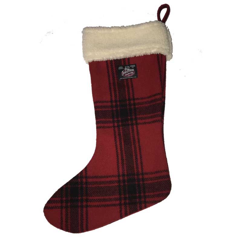 Christmas Stocking Large with Sherpa border, bright red & black muted plaid side view