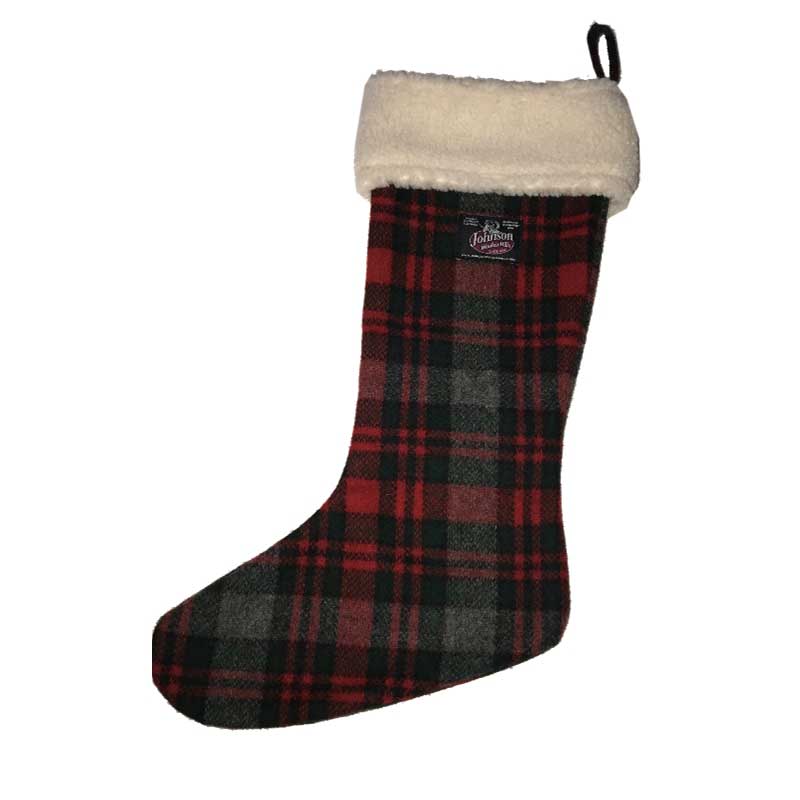 Christmas Stocking Large with Sherpa border, Gray/Red/Green plaid, side view