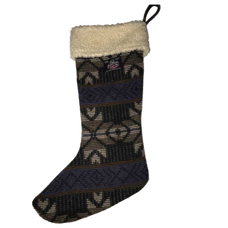 Christmas Stocking Large with Sherpa border, Blue Nordic, blue/taupe/black print, side view