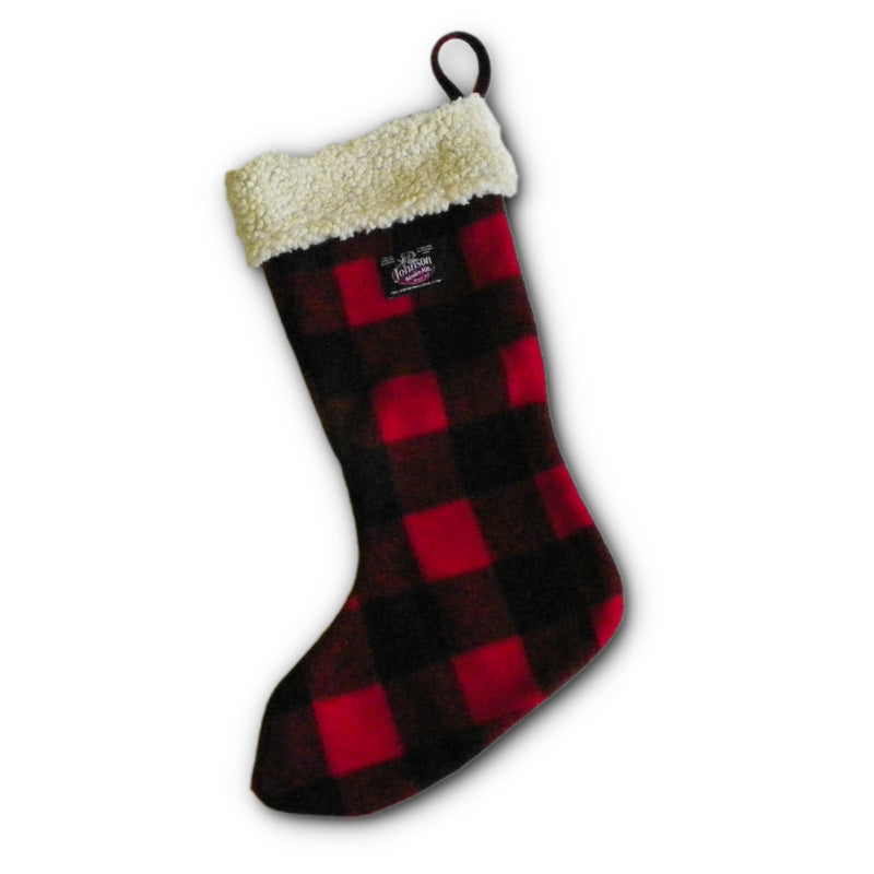 Christmas Stocking Large with Sherpa border, red & black 2 inch buffalo squares, side view
