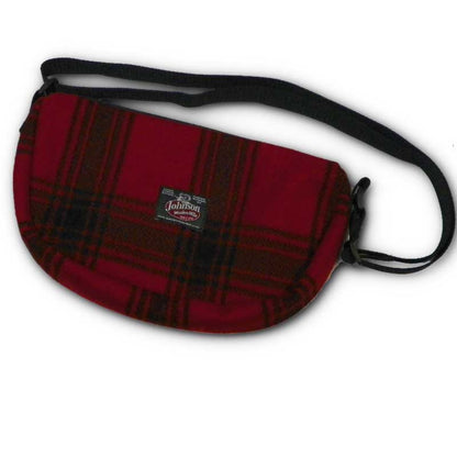Sidewinder bag, with belt loop and shoulder strap, shown in red and black muted plaid