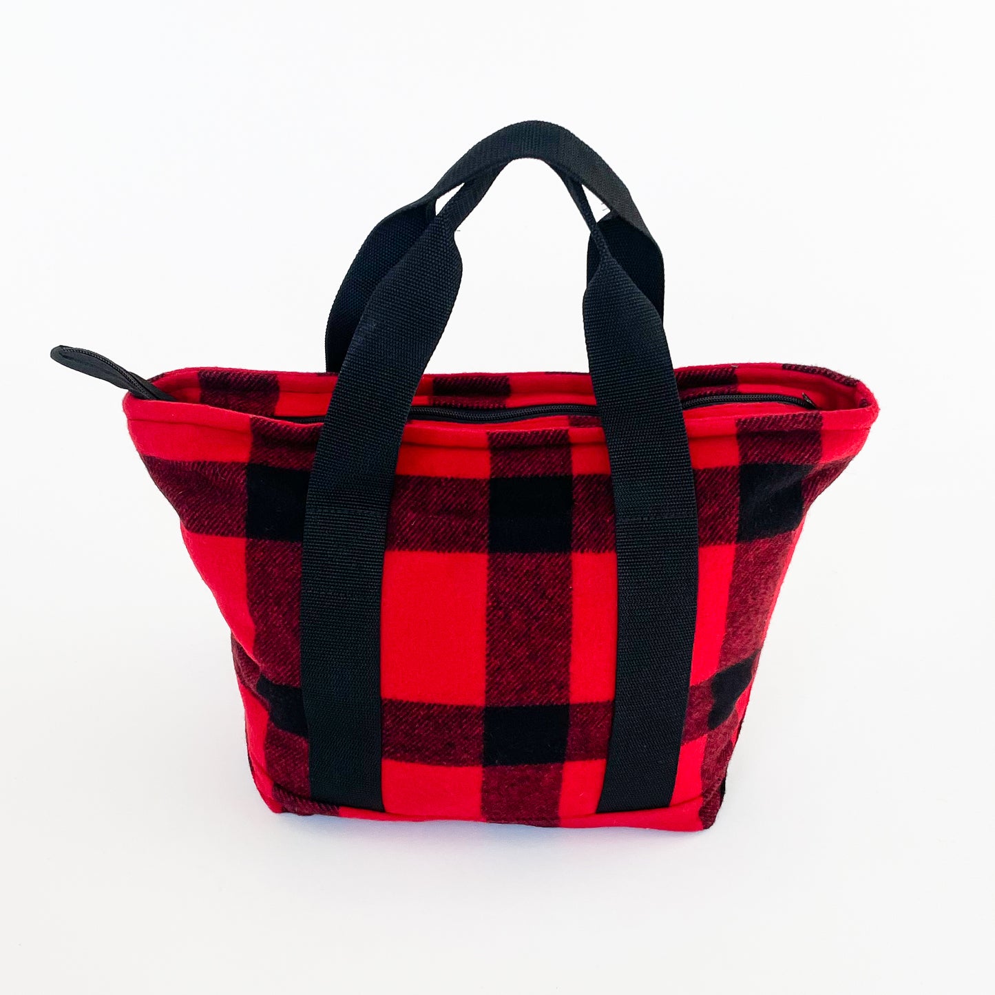  Wool bucket tote bag, large red and black plaid, shows fully zipped top and nylon straps