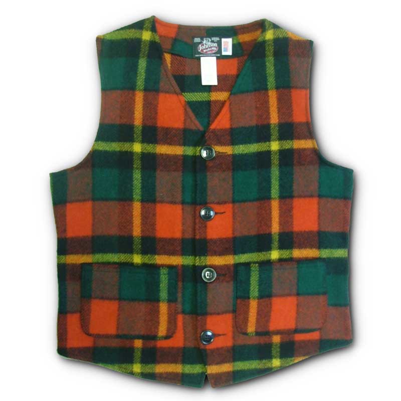 Vest Traditional Four Button, bright red/green/yellow, with two front pockets, front view